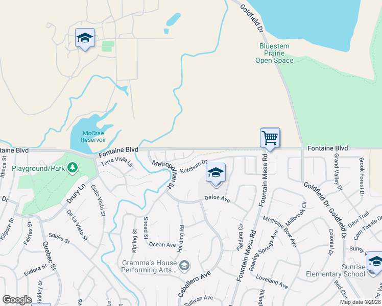 map of restaurants, bars, coffee shops, grocery stores, and more near 6833 Bobtail Drive in Colorado Springs