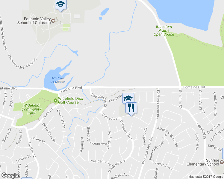map of restaurants, bars, coffee shops, grocery stores, and more near 6833 Bobtail Drive in Colorado Springs