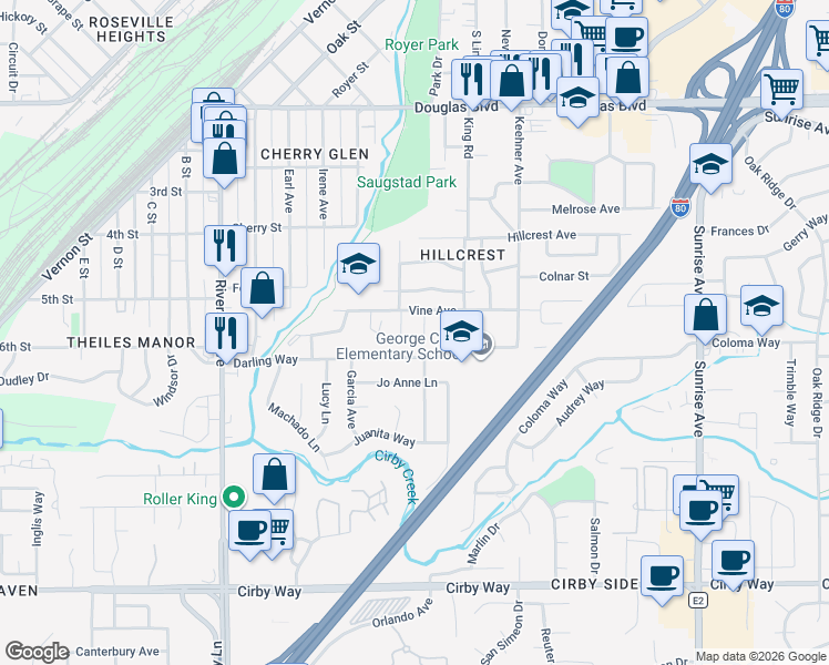 map of restaurants, bars, coffee shops, grocery stores, and more near 601 George Lane in Roseville