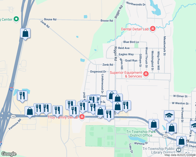 map of restaurants, bars, coffee shops, grocery stores, and more near 504 Red Bud Lane in Troy