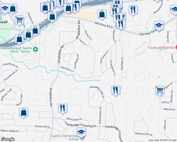 map of restaurants, bars, coffee shops, grocery stores, and more near 15 Scarlet Court in Saint Charles