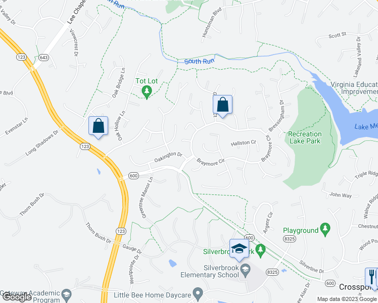 map of restaurants, bars, coffee shops, grocery stores, and more near 9420 Braymore Circle in Fairfax Station