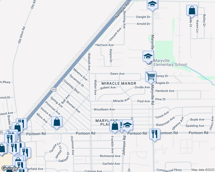map of restaurants, bars, coffee shops, grocery stores, and more near 2161 Robert Avenue in Granite City