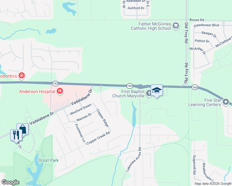 map of restaurants, bars, coffee shops, grocery stores, and more near 6960 Illinois 162 in Maryville