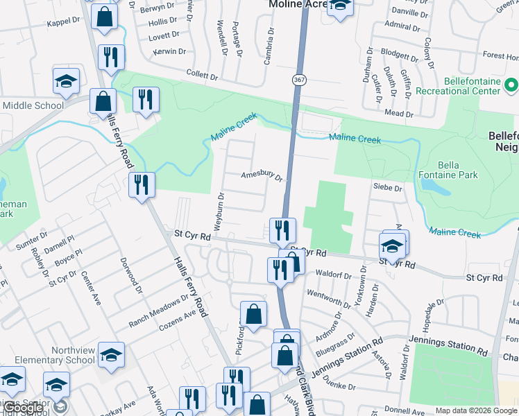 map of restaurants, bars, coffee shops, grocery stores, and more near 2436 Netherwood Drive in St. Louis