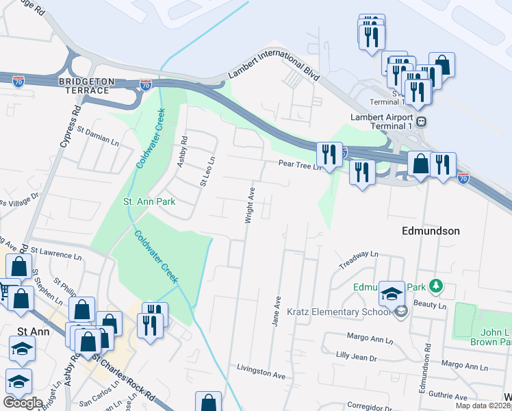 map of restaurants, bars, coffee shops, grocery stores, and more near 4150 Wright Avenue in St. Ann