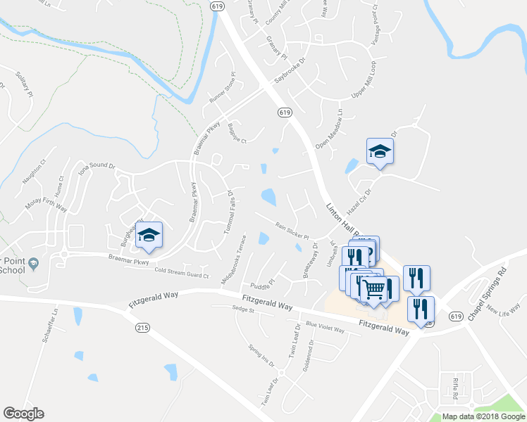 map of restaurants, bars, coffee shops, grocery stores, and more near 12168 Rain Slicker Place in Nokesville