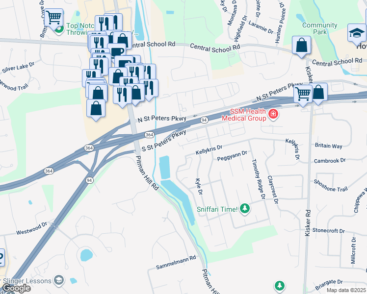 map of restaurants, bars, coffee shops, grocery stores, and more near 90 Molina Way in Saint Charles
