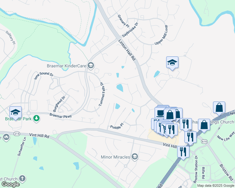 map of restaurants, bars, coffee shops, grocery stores, and more near 12168 Rain Slicker Place in Nokesville