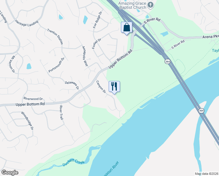 map of restaurants, bars, coffee shops, grocery stores, and more near 2440 Upper Bottom Road in Saint Charles