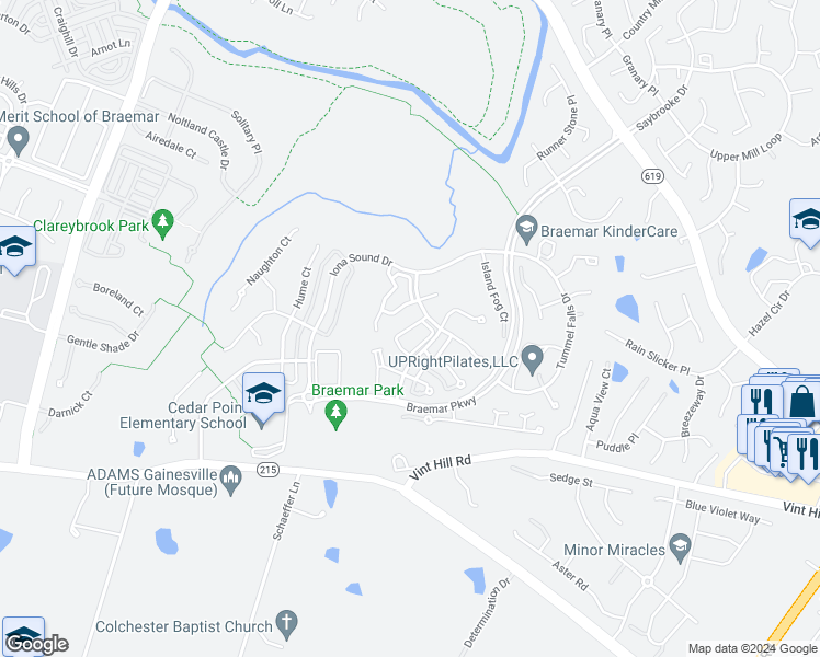 map of restaurants, bars, coffee shops, grocery stores, and more near Selkirk Circle in Bristow