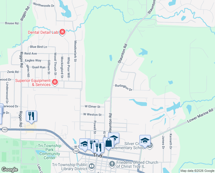 map of restaurants, bars, coffee shops, grocery stores, and more near 8300 Burlington Drive in Troy