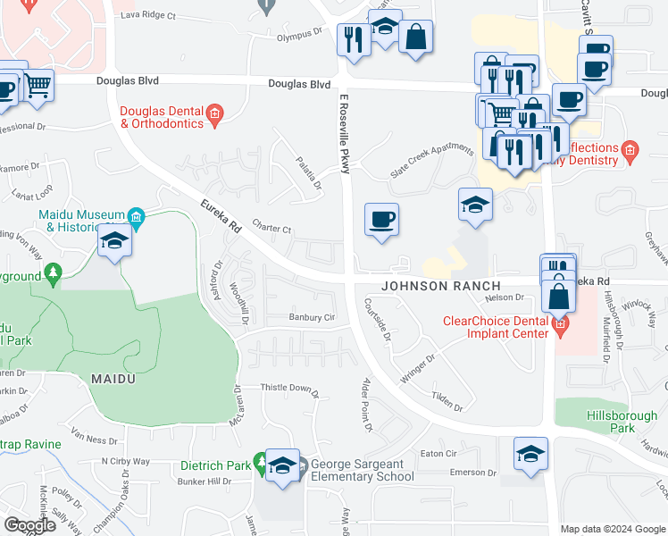 map of restaurants, bars, coffee shops, grocery stores, and more near 1976 Somerdale Circle in Roseville