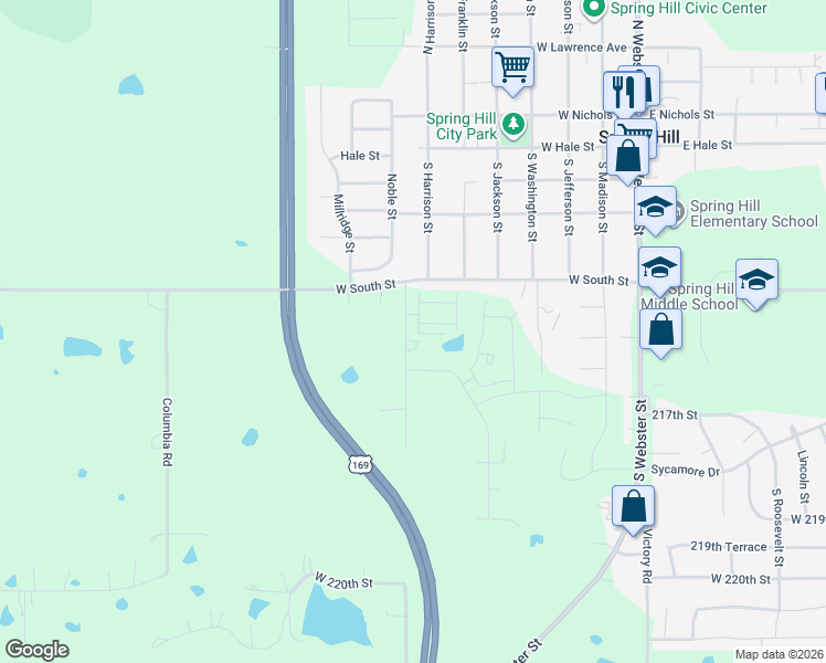 map of restaurants, bars, coffee shops, grocery stores, and more near 19644 Lone Elm Road in Spring Hill