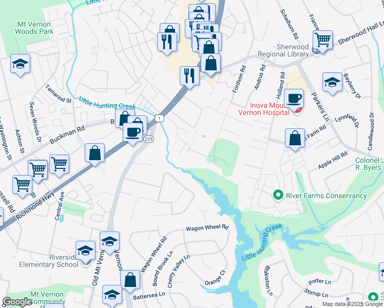 map of restaurants, bars, coffee shops, grocery stores, and more near 3138 Jackies Lane in Alexandria
