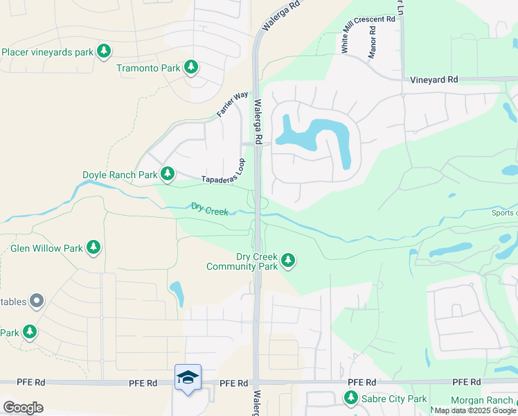 map of restaurants, bars, coffee shops, grocery stores, and more near Walerga Road in Roseville