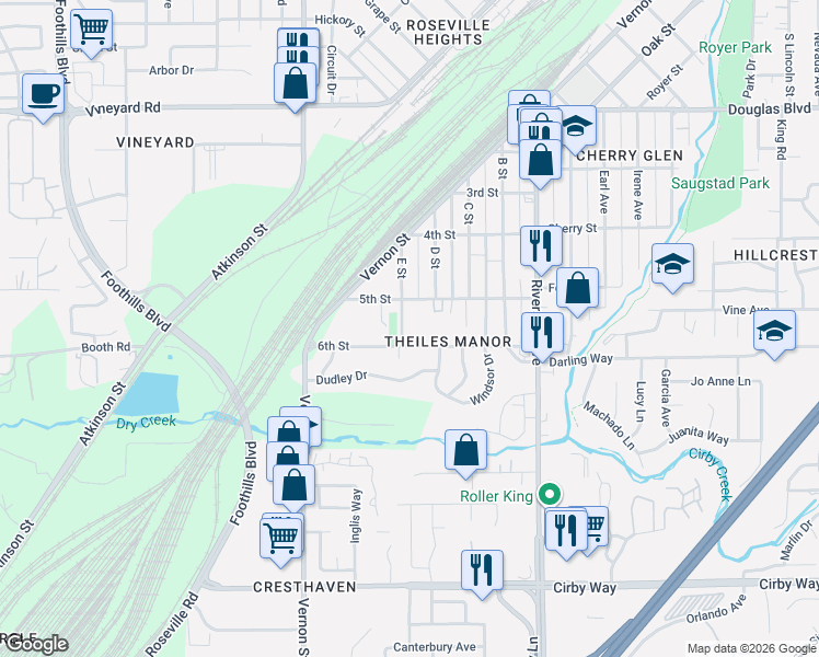 map of restaurants, bars, coffee shops, grocery stores, and more near 504 E Street in Roseville
