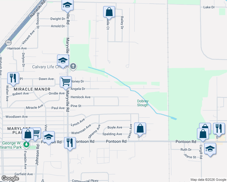 map of restaurants, bars, coffee shops, grocery stores, and more near 2605 Angela Drive in Granite City