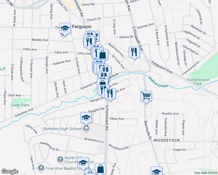map of restaurants, bars, coffee shops, grocery stores, and more near 15 Lee Avenue in Ferguson