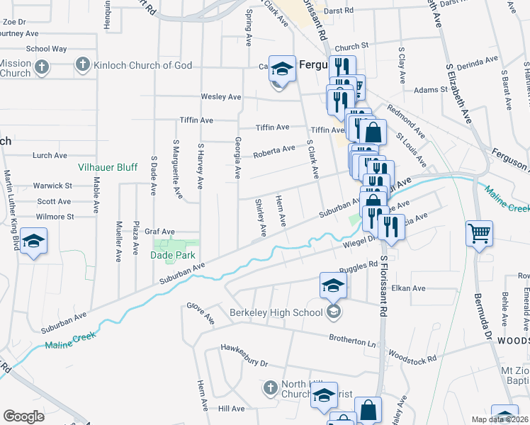 map of restaurants, bars, coffee shops, grocery stores, and more near 410 Shirley Avenue in Ferguson