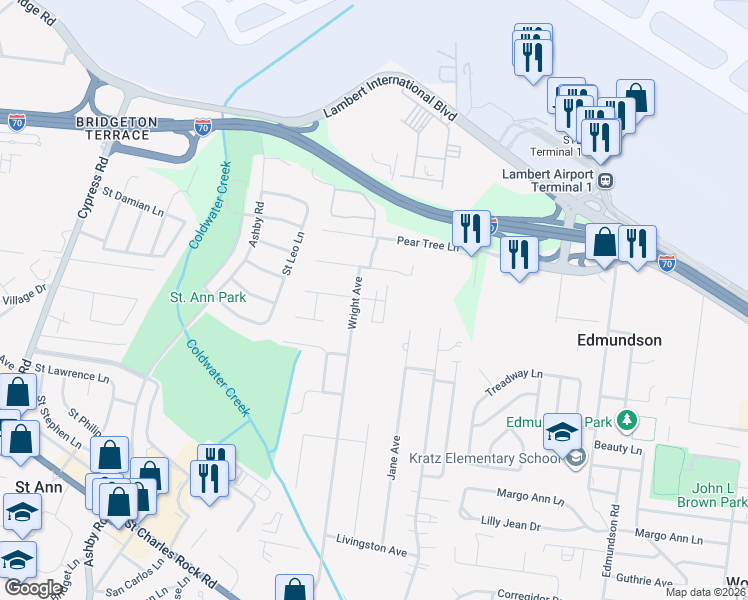 map of restaurants, bars, coffee shops, grocery stores, and more near 10006 Isabelle Court in St. Ann