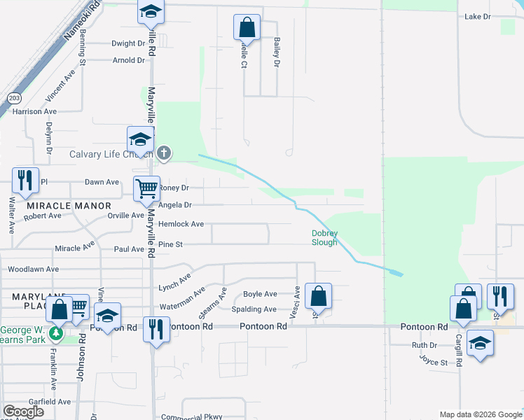 map of restaurants, bars, coffee shops, grocery stores, and more near 2605 Angela Drive in Granite City