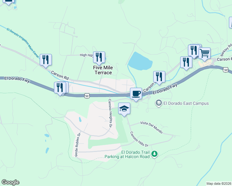 map of restaurants, bars, coffee shops, grocery stores, and more near 3275 Carson Road in Placerville