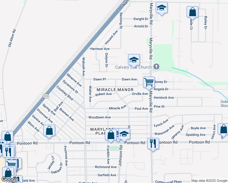 map of restaurants, bars, coffee shops, grocery stores, and more near 2184 Bern Avenue in Granite City