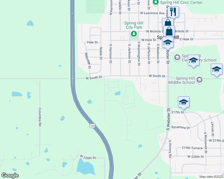 map of restaurants, bars, coffee shops, grocery stores, and more near 21563 Franklin Court in Spring Hill