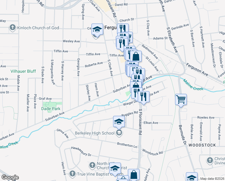 map of restaurants, bars, coffee shops, grocery stores, and more near 429 South Clark Avenue in Ferguson