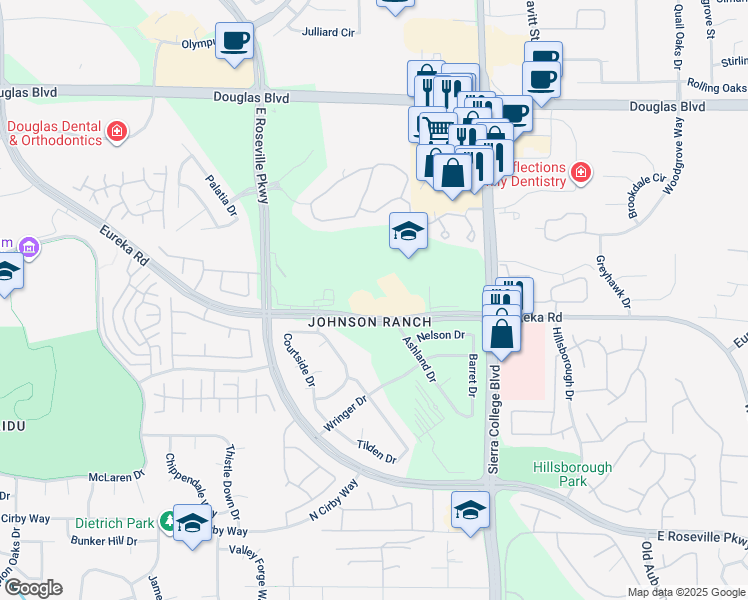map of restaurants, bars, coffee shops, grocery stores, and more near 2601 Eureka Road in Roseville