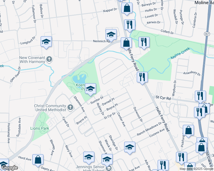 map of restaurants, bars, coffee shops, grocery stores, and more near 2034 Sun Valley Drive in St. Louis