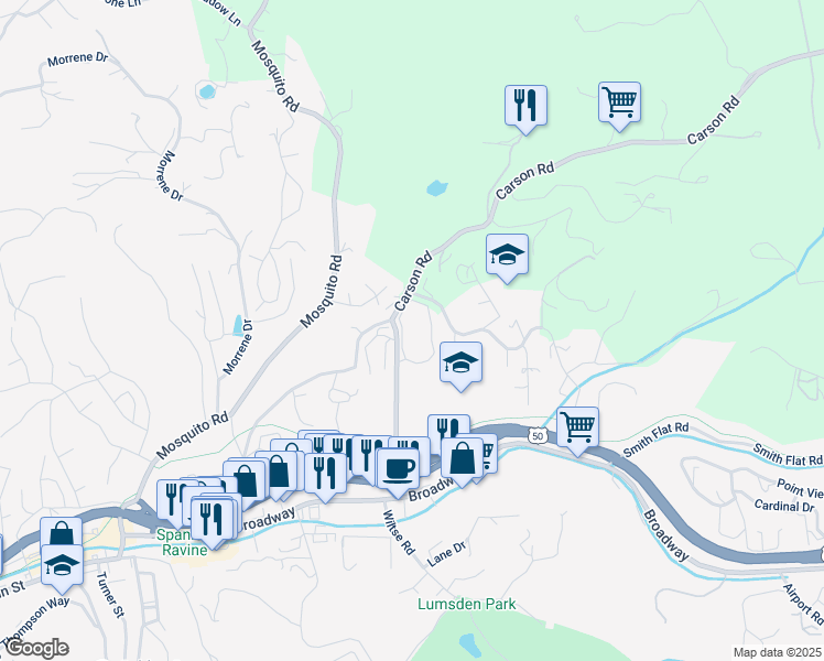 map of restaurants, bars, coffee shops, grocery stores, and more near 1400 Woodman Circle in Placerville