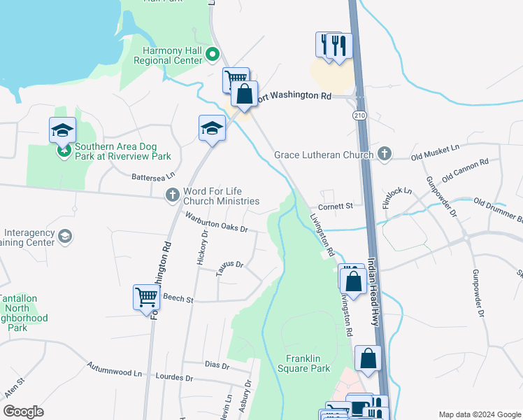 map of restaurants, bars, coffee shops, grocery stores, and more near 306 Gemini Court in Fort Washington