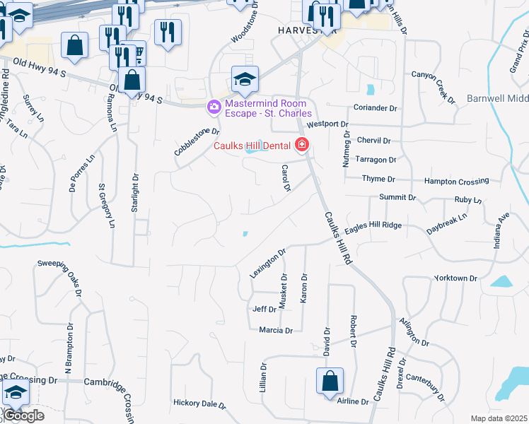 map of restaurants, bars, coffee shops, grocery stores, and more near 3924 Opal Drive in Saint Charles