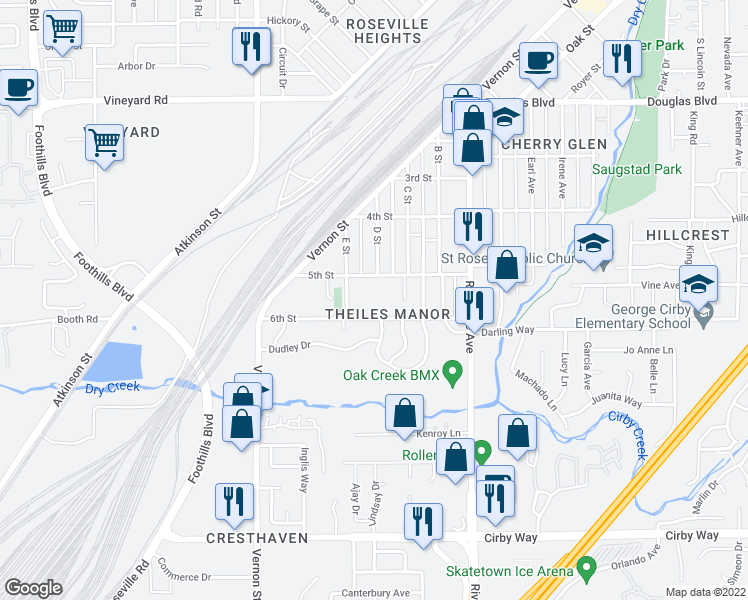 map of restaurants, bars, coffee shops, grocery stores, and more near 400 6th Street in Roseville