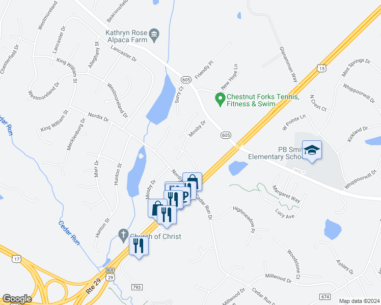 map of restaurants, bars, coffee shops, grocery stores, and more near 7309 Hazelwood Court in Warrenton