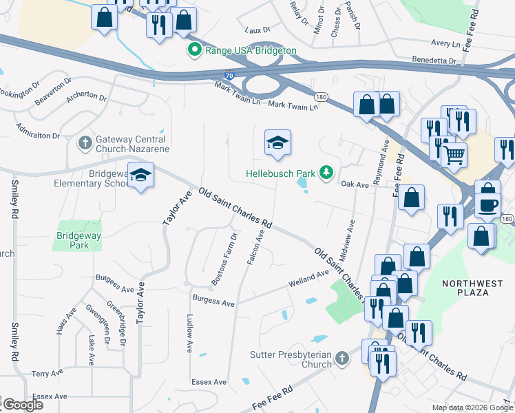 map of restaurants, bars, coffee shops, grocery stores, and more near 3645 Varwig Lane in Bridgeton