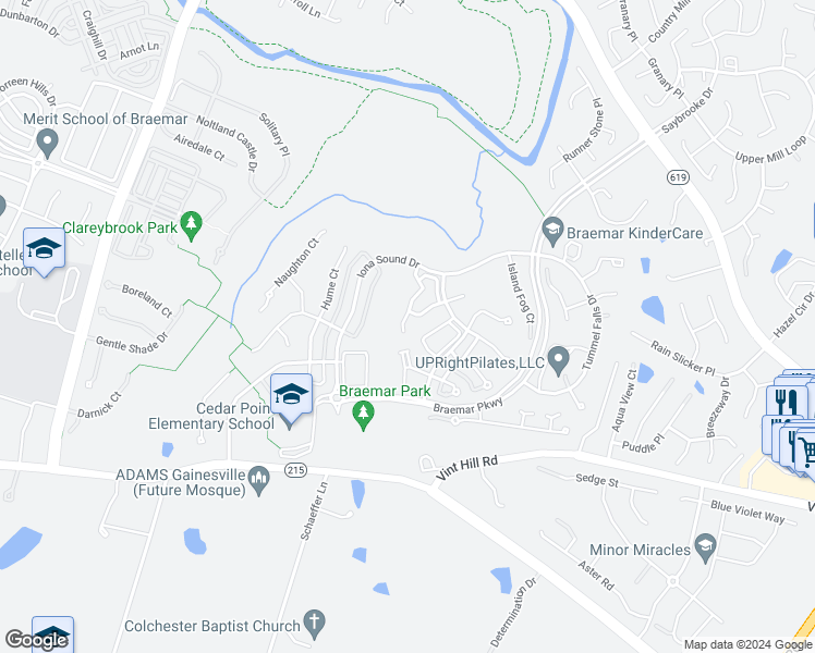 map of restaurants, bars, coffee shops, grocery stores, and more near 10057 Moxleys Ford Lane in Bristow
