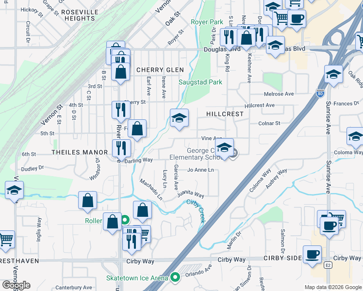 map of restaurants, bars, coffee shops, grocery stores, and more near 502 Vine Way in Roseville