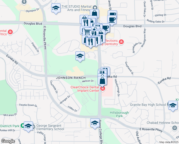 map of restaurants, bars, coffee shops, grocery stores, and more near 3881 Eureka Road in Roseville