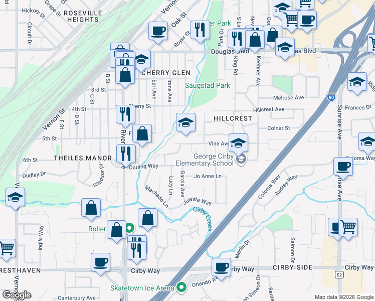 map of restaurants, bars, coffee shops, grocery stores, and more near 502 Vine Way in Roseville