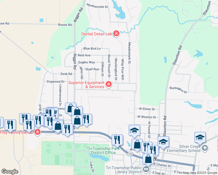 map of restaurants, bars, coffee shops, grocery stores, and more near 307 Meadow Drive in Troy