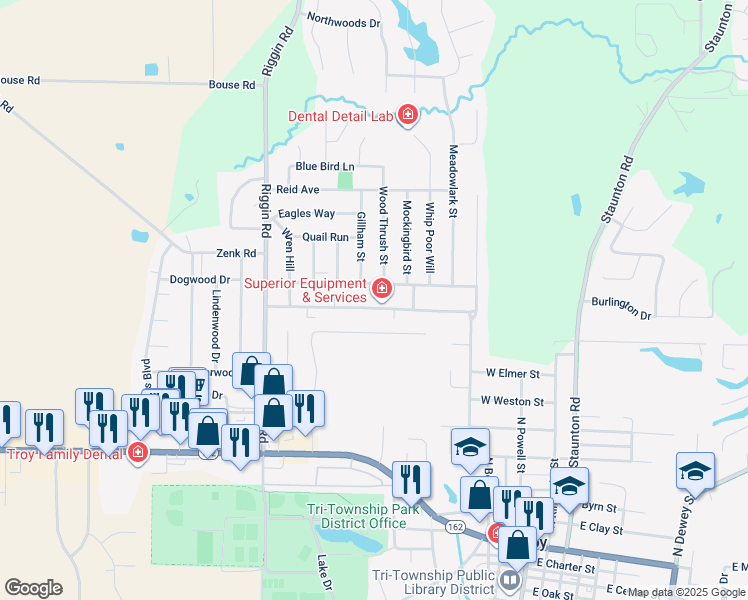 map of restaurants, bars, coffee shops, grocery stores, and more near 411 Meadow Drive in Troy