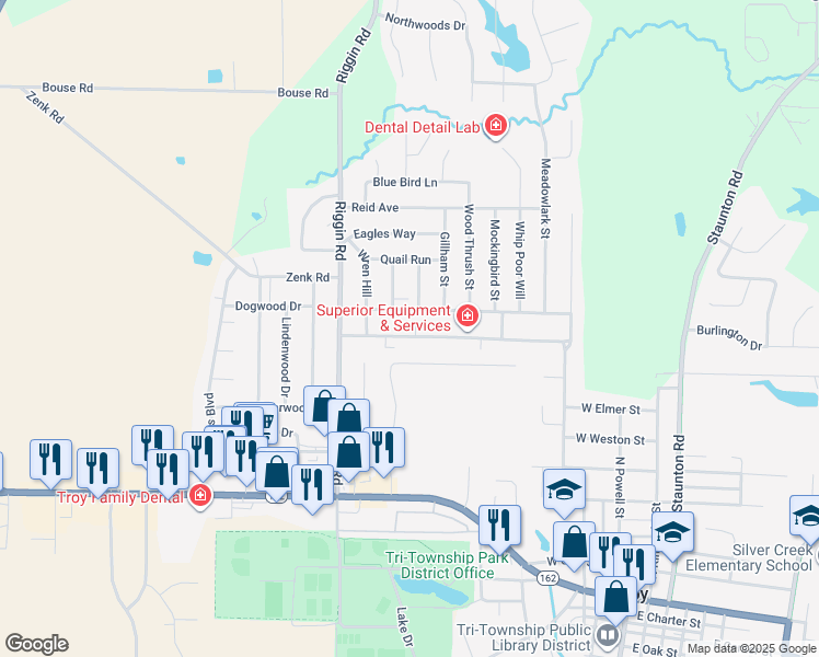 map of restaurants, bars, coffee shops, grocery stores, and more near 426 Red Bird Street in Troy