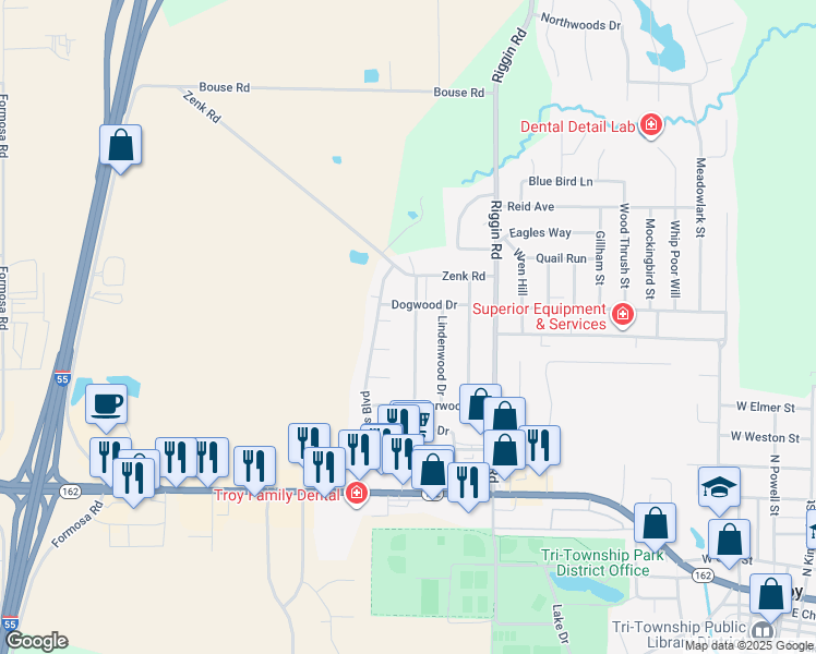map of restaurants, bars, coffee shops, grocery stores, and more near 504 Red Bud Lane in Troy