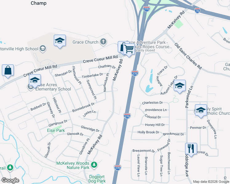 map of restaurants, bars, coffee shops, grocery stores, and more near 12106 McKelvey Road in Maryland Heights