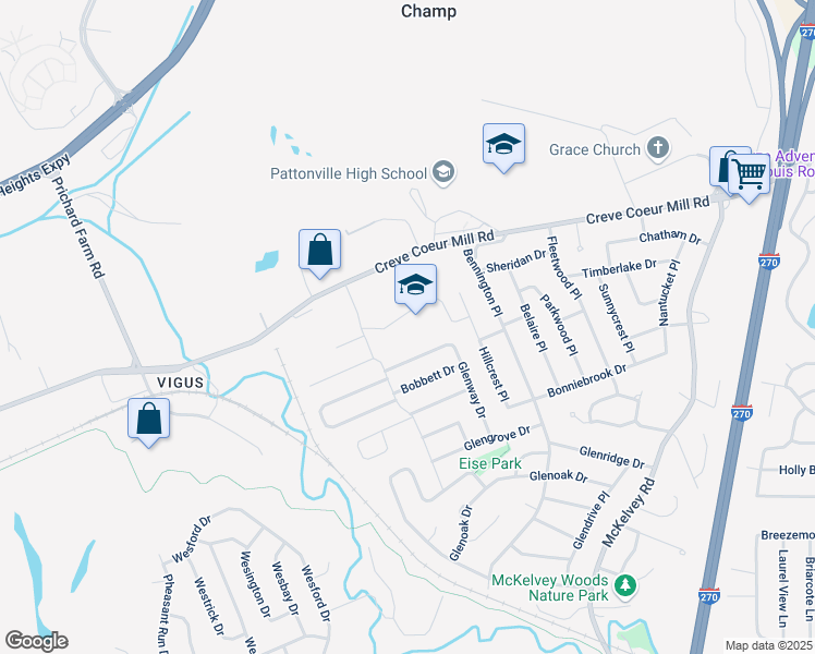 map of restaurants, bars, coffee shops, grocery stores, and more near 2905 Rose Acres Lane in Maryland Heights