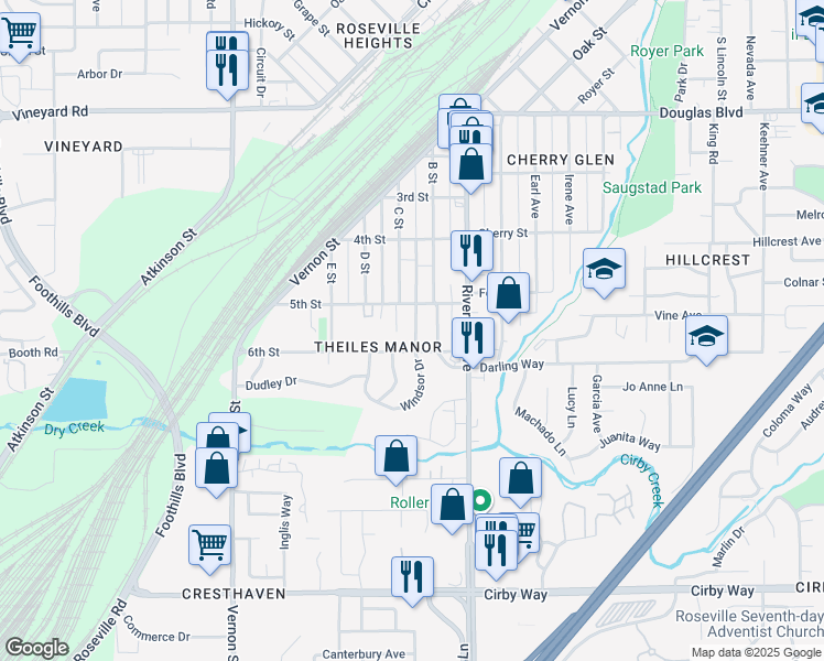 map of restaurants, bars, coffee shops, grocery stores, and more near 234 La Rue Alley in Roseville