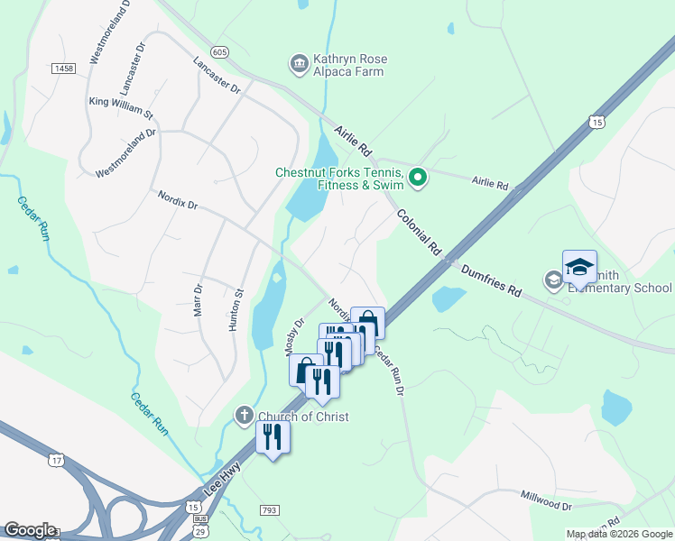map of restaurants, bars, coffee shops, grocery stores, and more near 6519 Acorn Court in Warrenton
